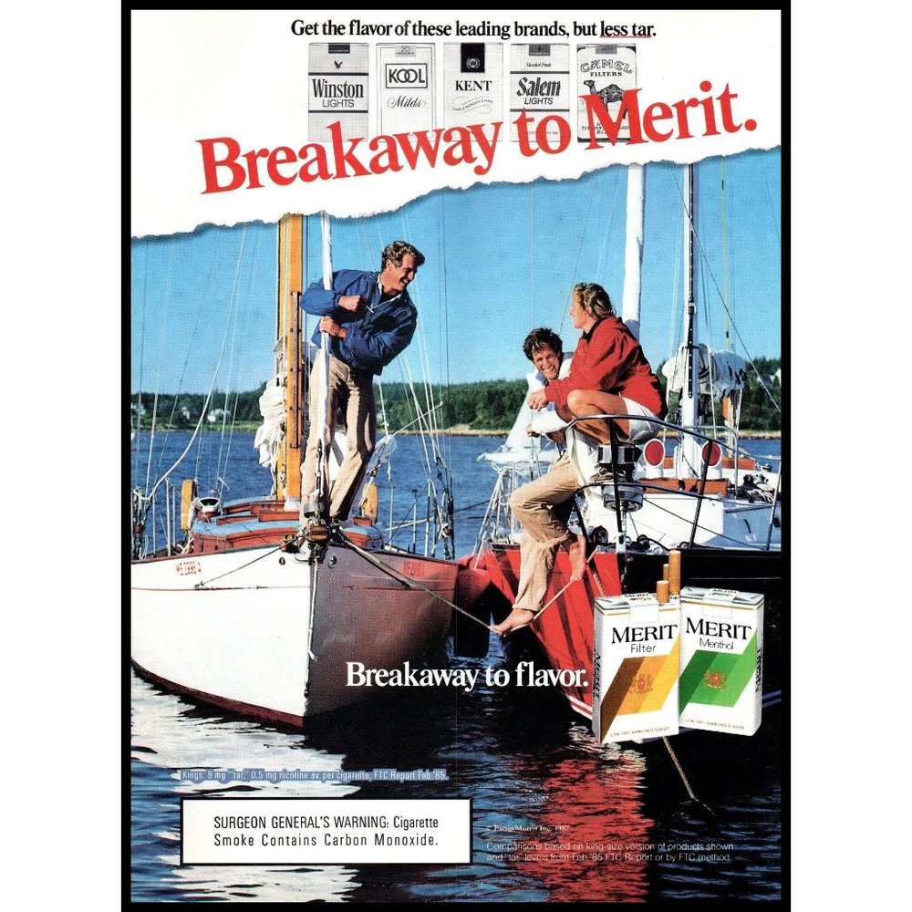 1987 Merit Cigarettes Vintage Print Ad Sailing Sailboats Harbor Bay Wall Art